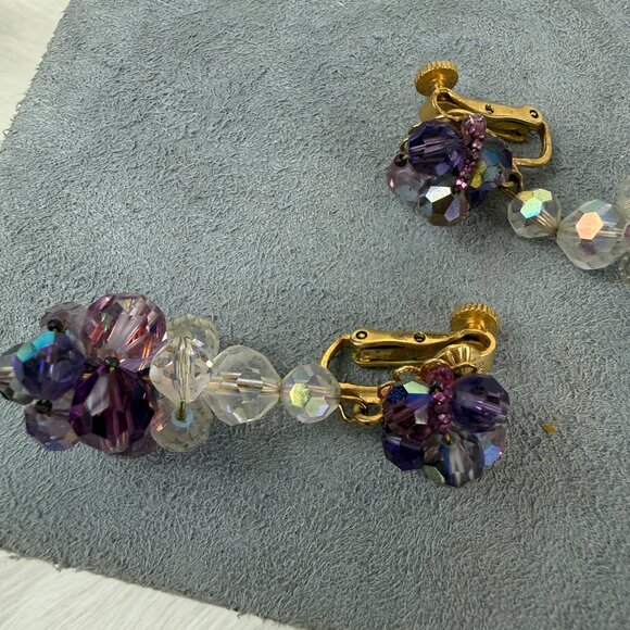 Vintage Vendome Purple & Clear Glass Bead Dangle & Drop Screw/Clip Earrings Gold - Picture 15 of 16